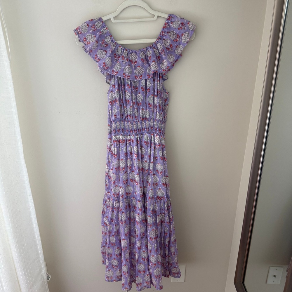 Oliphant Lavender Floral Cotton Smocked Ruffle Off Shoulder Midi Dress Medium - Picture 5 of 6